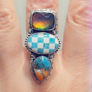 Aurora & Checkerboard Opal & Spiny Sterling Gemstone Ring